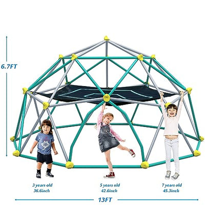 Merax 13FT Climbing Dome with Hammock, Outdoor Geometric Dome Climber Play Center for Kids 3-10 Supporting 1000 lbs, Easy Assembly Jungle Gym - style: 13FT Green & Silver