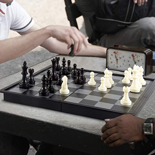 AMEROUS 10 Inches Magnetic Travel Chess Set with Folding Chess Board - 2 Extra Queens - Instructions for Beginner, Kids and Adults