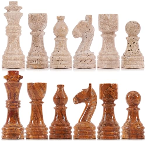 Marble Chess Pieces 3.5 Inch Travertine and Brown Stone Chess Figures for Chess Board, Strategy Play, Board Games for Adults, Game Accessories for Gifts, Draughts and Travel Set - color: Travertine & Brown
