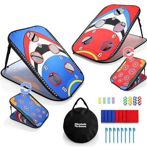 ROSE ME Cornhole Board Set, Portable Collapsible 5 Holes & Double Sided 3x2 ft Corn Hole Boards with 8 Bean Bags 12 Sticky Balls Free Carry Case, Adults Outdoor Toss Games for Yard, Beach, Lawn