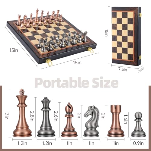 Ajedrez Luxury 15" Wooden Chess Set - Folding Board with Piano Finish | Weighted Metal Chess Pieces | Portable Travel Game for Adults & Kids | Premium Gift (Luxury Edition)