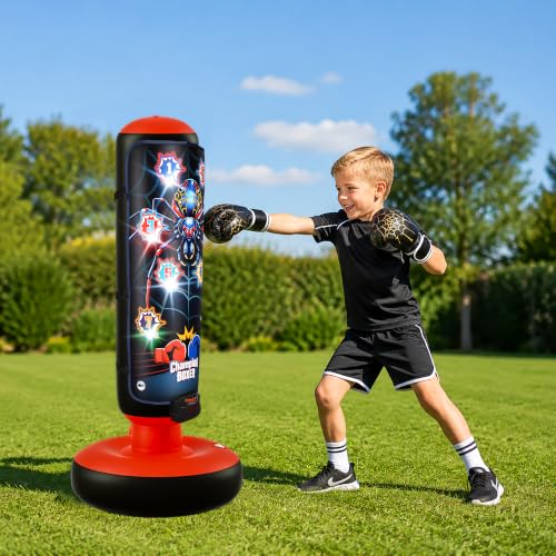 Kids Inflatable Punching Bag with Electronic Score Counter Music Lights 4 Game Modes, Complete Boxing Set with Gloves Air Pump, Indoor Outdoor Martial Arts Toy Gift for Boys Girls 4-12