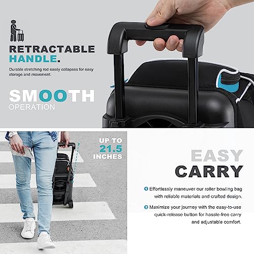 GoHimal Double Roller Bowling Bag, Shoe Compartment, Upgraded Fabric | Fits US men's size 15 shoes,multi pockets,retractable handle extends to 40",smooth-rolling wheels,lightweight design - color: Black-Blue