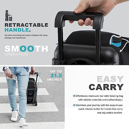 GoHimal Double Roller Bowling Bag, Shoe Compartment, Upgraded Fabric | Fits US men's size 15 shoes,multi pockets,retractable handle extends to 40",smooth-rolling wheels,lightweight design - color: Black-Blue