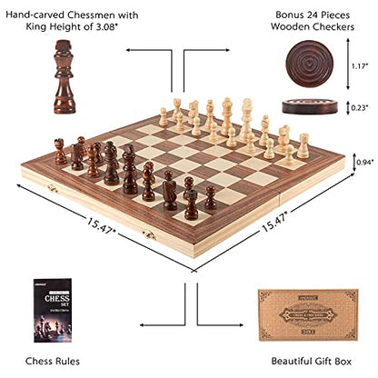 AMEROUS 15'' Wooden Chess & Checkers Set, 2 in 1 Board Games -2 Extra Queens -24 Cherkers Pieces - Gift Box Packed - Chessmen Storage Slots, Beginner Chess Set for Kids and Adults