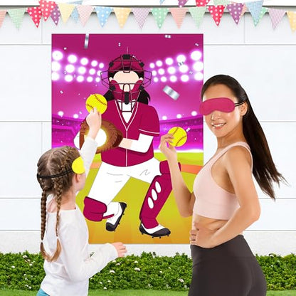 Pin The Softball on The Glove Game Poster with 24 Stickers Blindfolds Pink Softball Themed Party Decorations Supplies Fun Entertainment Classroom Activities for Sports Lovers Fans Kids Girls Birthday