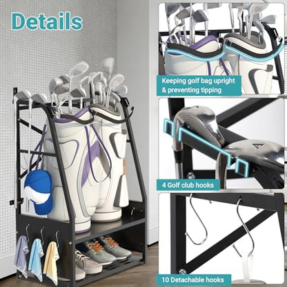 Golf Bag Organizer - Wall Mount & Freestanding - Holds 2 Golf Bags w/ 4 Club Racks, 10 Hooks & Storage Shelf - Golf Bag Stand w/Adjustable Feet for Garage, Store, Club, Shed