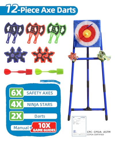 Axe Throwing Game for Backyard with Bristle Target & 12 Throwing Axes Set, Indoor & Outdoor Games for Adults, Kids & Family, Yard Games Toys, Axe Throwing Target,Dart Board,Carnival Games(Blue)