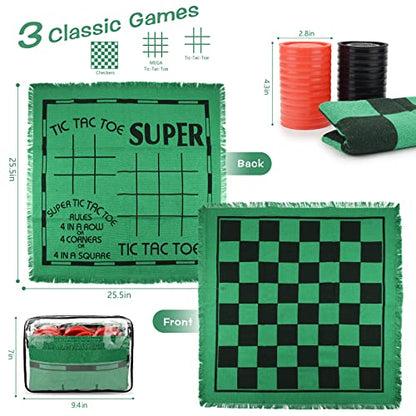 Giant Checkers 3 in 1 Tic Tac Toe Game Board for Adults and Kids with 24 Checker Pieces Reversible Rug, Indoor & Outdoor Games for Family, Party, School, Office,Travel