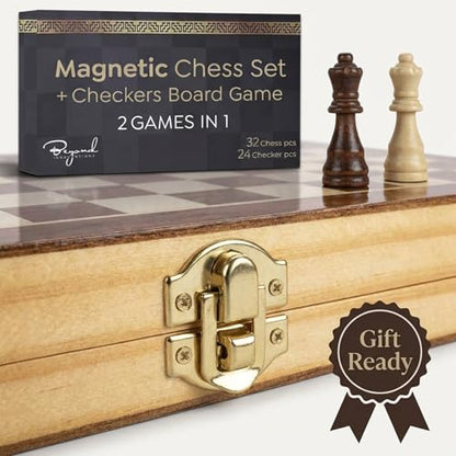 Wooden Magnetic Chess Set & Checkers Board Game, 15” Foldable Chess Board | Solid Wood 2-in-1 Board Game for Adults with Storage Box, 2 Extra Queens, Portable Travel Chess Set for Kids & Beginners - size: Large (15" x 15")