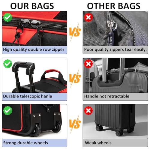 Bowling Bag with Wheels Double Roller 2 Ball Bowling Separate Shoe Compartment and Oversized Accessory Pocket, 36.6" Extendable Handle. - color: RED