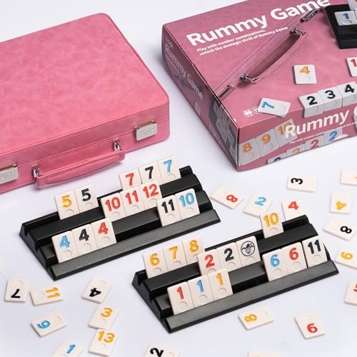 Rummy Game Set, 2-4 Players with 106 Rummy Tiles and 4 Racks, Rummy Travel Game Set with Faux Leather Case, Fun Family Classic Board Games (Pink) - color: Pink