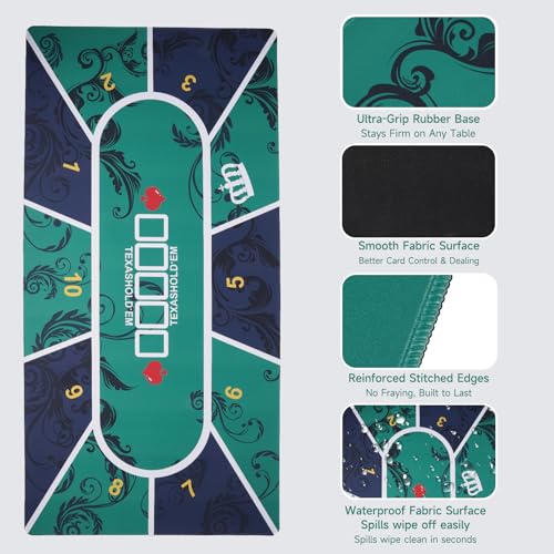 Poker Mat for 10 Players, 47x24 Inch Texas Hold’em Poker Table Mat with Non-Slip Rubber Backing, Waterproof Table Topper, Includes PE Storage Tube & Carry Bag