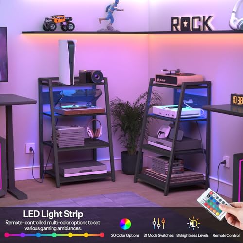 HOOBRO 4-Tier AV Media Stand with Charging Station and LED Light, Wooden Stereo Cabinet, Game Console Stand, Media Audio Tower Rack, Record Player, Small Entertainment Center, Black BB106UDCJ01