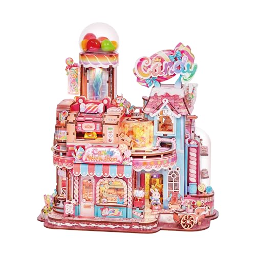 Tonecheer 3D Wooden Puzzle for Adults- Candy Workshop, Mechanical Transmission Model Kit, Dynamic DIY Building Set with Music & Lights, Miniature House Kit Ideas - style: Candy Workshop