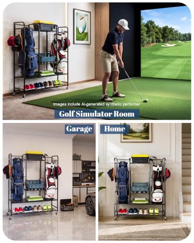 Mythinglogic Golf Bag Storage Rack with Wheels, Large Golf Organizer for Garage, Holds 2 Golf Bags, Golf Storage Stand with Shelves and Hooks for Shoes, Balls, Towels and Golf Accessories | large capacity, lockable casters, hold up to 2 golf bags