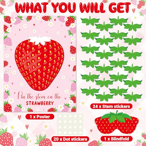 Faccito Strawberry Game Set Pin The Stem On The Strawberry Include Large Poster Blindfold 24 Stickers Berry First Birthday Party Games for Sweet Berry Birthday Party Decorations Activities Supplies - style: Strawberry