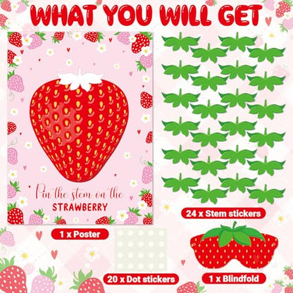 Faccito Strawberry Game Set Pin The Stem On The Strawberry Include Large Poster Blindfold 24 Stickers Berry First Birthday Party Games for Sweet Berry Birthday Party Decorations Activities Supplies - style: Strawberry