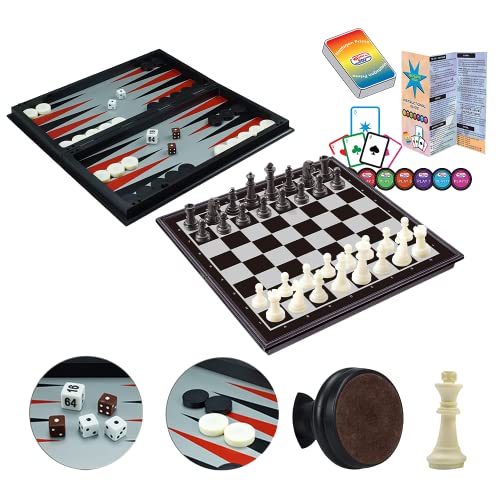 WEofferwhatYOUwant Magnetic Chess Set – 4-in-1 Travel Game with Checkers, Backgammon & 5-Suit Card Game – 14.2" Folding Board – Large Plastic Pieces – Portable Set for Kids & Adults – Gift Idea - style: 4 in 1 Portable Large Black