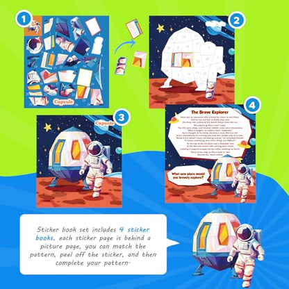 4PCS Paint by Number Sticker Book - Kids Crafts & Acitivity Puzzles Book for Ages 4-10,Mess-Free Travel Toys for Road Trip & Airplane,Perfect Gifts & Basket Stuffers for Kids - color: Fierce Animals,dinosaur,vehicle,spcace