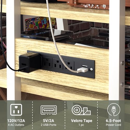 Besiost AV Media Stand with Outlets, Media Console with LED Lights, Stereo Racks and Stands with Storage Shelves, Media Audio Tower Cabinet, Natural Oak and White - color: Natural Oak and White