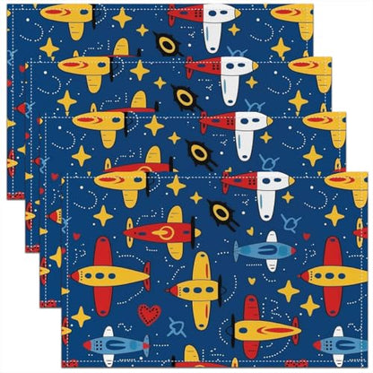 Erosebridal Cartoon Placemats 12X18 Inch Set of 4 for Dining Table,Cute Aircraft Aviation Theme Place Mats for Kids Boys Children,Flying Plane Flight Geometric Star Love Heart Waterproof Placemats - color: Dark Blue Yellow Red