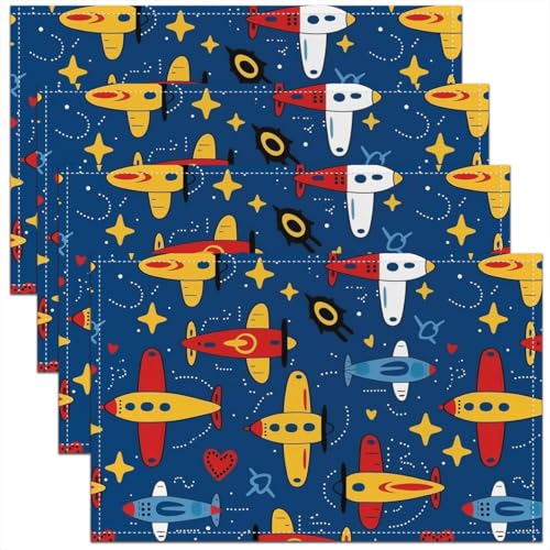 Erosebridal Cartoon Placemats 12X18 Inch Set of 4 for Dining Table,Cute Aircraft Aviation Theme Place Mats for Kids Boys Children,Flying Plane Flight Geometric Star Love Heart Waterproof Placemats - color: Dark Blue Yellow Red