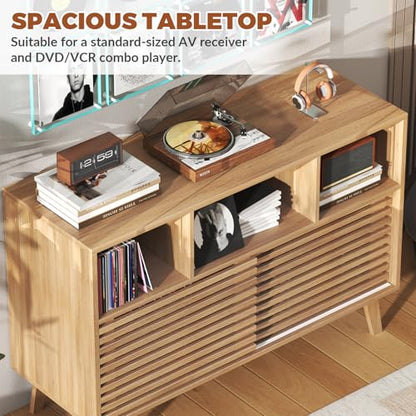 47" Large Record Player Stand with Sliding Doors, Mid Century Modern Vinyl Record Storage Display Cabinet Up to 350 LPs, Turntable Media Console for Living Room (Oak)