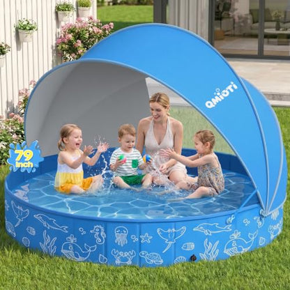 Large Kiddie Pool with Canopy, 79in Foldable Kids Pool, Baby Pool with Detachable UPF 50+ Sunshade, Portable Non-Slip Swimming Pool Dog Pool for Backyard, Beach, Outdoor Summer Water Play - size: 79IN