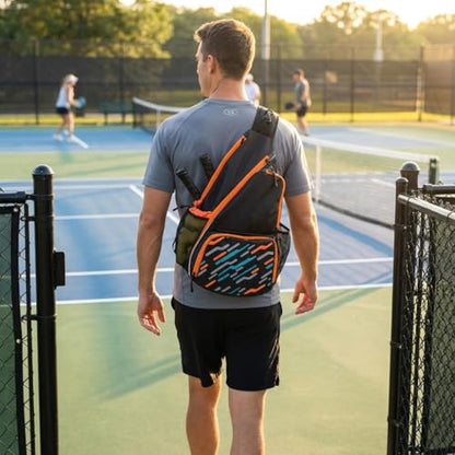 Pickleball Sling Bag with Shoe Compartment - Crossbody Backpack Fits 2 Paddles, 32oz Bottle & Fence Hook, Sports Bag for Men & Women (Shoe Limit: up to US Men's 10 / Women's 11.5) - color: Black/Amber