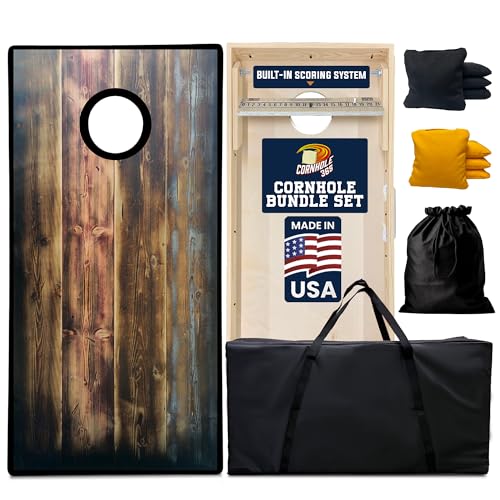 Cornhole365 Complete Cornhole Board Set - Includes Solid Wood Cornhole Board, 8 All-Weather Cornhole Bags, Portable Carrying Case & String Tote Bag Outdoor Game Bundle - color: Rustic Barnwood