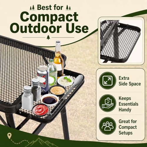 2.5 FT Picnic Table with 2 Wing Panels, Mesh Metal Folding Grill Table Height Adjustable & Lightweight & Portable Table for Outdoor Indoor Camping, Picnic, Beach and BBQ, RV - size: Extended Size