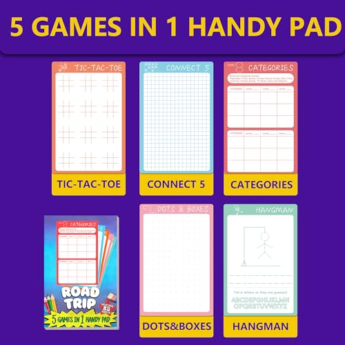 Road Trip Game Pad, 5 in 1 Travel Games Set for Kids | Tic-Tac-Toe, Hangman, Dots and Boxes, Categories, Connect 5, 80 Sheets Activity Pad