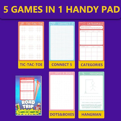 Road Trip Game Pad, 5 in 1 Travel Games Set for Kids | Tic-Tac-Toe, Hangman, Dots and Boxes, Categories, Connect 5, 80 Sheets Activity Pad