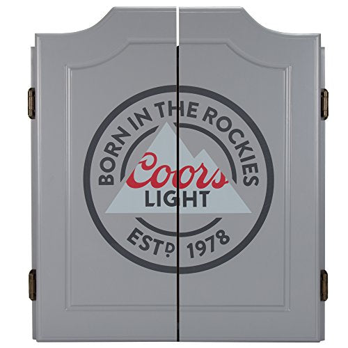 Dart Board Cabinet Set - Coors Light Logo Dart Board with 6 Steel Tip Darts, Scoreboard, Hanging Wood Cupboard by Trademark Gameroom