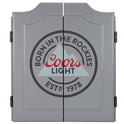 Dart Board Cabinet Set - Coors Light Logo Dart Board with 6 Steel Tip Darts, Scoreboard, Hanging Wood Cupboard by Trademark Gameroom