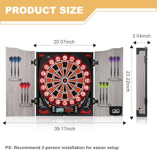 Electronic Dart Board Cabinet, Soft Tip Dartboard Cabinet Set for Adults, LED Scoring Dartboard with 34 Games & 355 Variants, Up to 8 Players, 12 Darts, 50 Tips, Wall Mount for Bar Game Room Man Cave