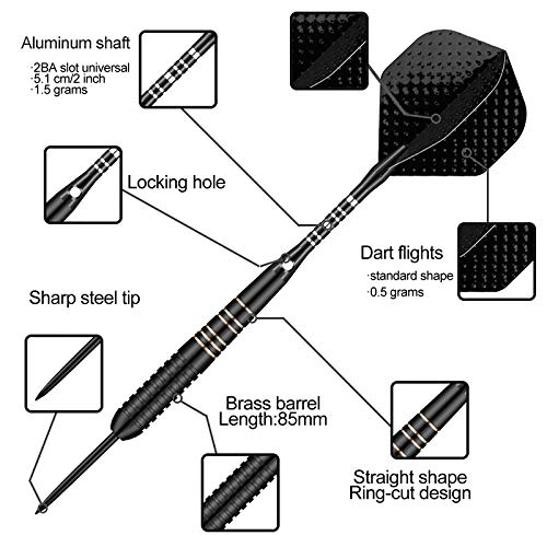 Steel Tip Darts Set for Dartboard, Professional Brass Darts Metal Tip Black Purple Aluminium Nylon Shafts 9 Flights 50 Rubber O-Rings 12 Spring Rings 1 Dart Sharpener Tool 24/27 Grams - color: 23g Black