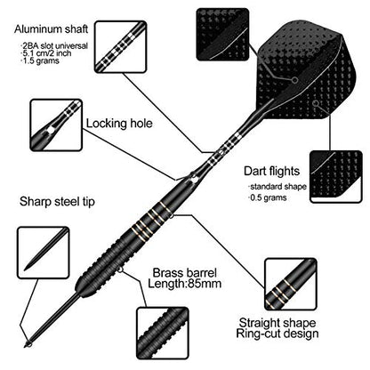 Steel Tip Darts Set for Dartboard, Professional Brass Darts Metal Tip Black Purple Aluminium Nylon Shafts 9 Flights 50 Rubber O-Rings 12 Spring Rings 1 Dart Sharpener Tool 24/27 Grams - color: 23g Black