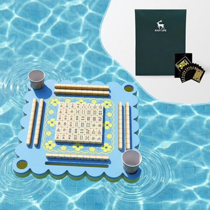Floating Mahjong Table for Pool, Double Side Float Board with Playing Cards for Mahjong Poker Scrabble Dominoes Card Games Pool Mahjong Floating Tray Adult for Hot Tub Lake Summer Beach - color: Blue-yellow