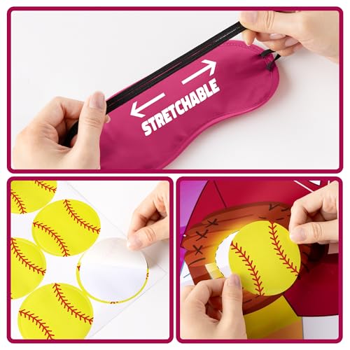Pin The Softball on The Glove Game Poster with 24 Stickers Blindfolds Pink Softball Themed Party Decorations Supplies Fun Entertainment Classroom Activities for Sports Lovers Fans Kids Girls Birthday