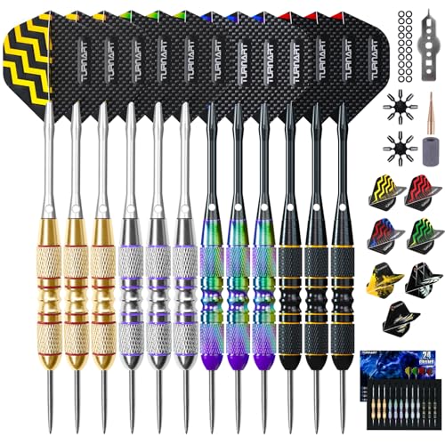 Turnart Darts Metal Tip Set - Steel Tip Darts Darts Set Professional Metal Darts 12 pcs 22/24 Grams Pro Dart Set with Stylish Case Aluminum Shafts Extra 9 Flights - color: Black