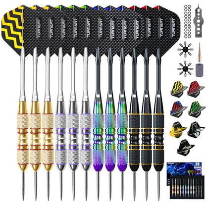 Turnart Darts Metal Tip Set - Steel Tip Darts Darts Set Professional Metal Darts 12 pcs 22/24 Grams Pro Dart Set with Stylish Case Aluminum Shafts Extra 9 Flights - color: Black