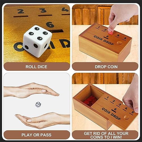 Juegoal Coin Drop Set, Pennies Dice Games, Wooden Tabletop Board Game Sets for 2-6 Player, Wood Penny Game Box Includes 48 Chips & 1 Dice