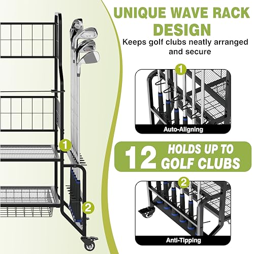 Golf Bag Storage Garage Organizer Golf Bag Stand Fits 2 Bags Extra Clubs Balls Shoes Golf Equipment Accessories Golf Storage Rack for Garage Club Shed