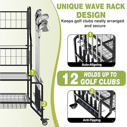 Golf Bag Storage Garage Organizer Golf Bag Stand Fits 2 Bags Extra Clubs Balls Shoes Golf Equipment Accessories Golf Storage Rack for Garage Club Shed