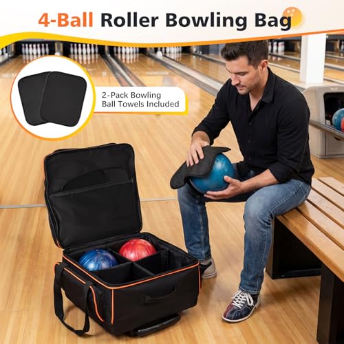 PENGDA 4 Ball Bowling Bag With Wheels, Integrated Single-Chamber 4-Ball System, 900D Reinforced Oxford Bowling Ball Bag, Telescopic Handle Roller Tote Storage Bag for Bowling Accessories and shoes
