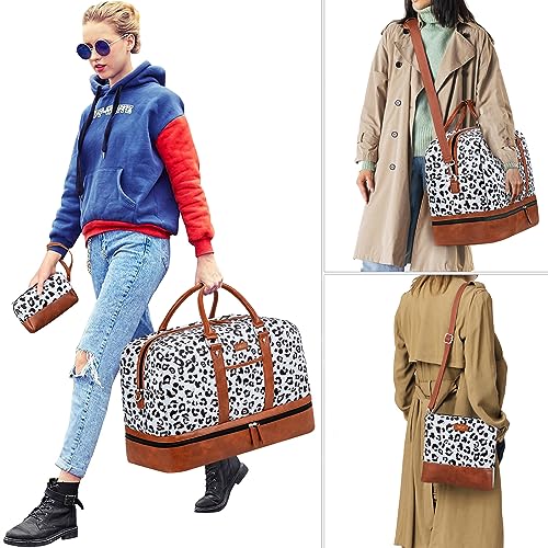 Weekender Bag for Women, Large Overnight Bag Canvas Travel Duffel Bag Carry On Tote with Shoe Compartment 21" 3Pcs Set - color: A17-brown+gray leopard