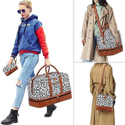 Weekender Bag for Women, Large Overnight Bag Canvas Travel Duffel Bag Carry On Tote with Shoe Compartment 21" 3Pcs Set - color: A17-brown+gray leopard