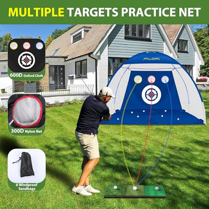 FILORI Heavy Duty Golf Practice Net 10x7FT with Tri-Turf Mat, All-in-One Golf Training Aid for Backyard Driving Chipping Swing, Indoor Outdoor Use, Blue